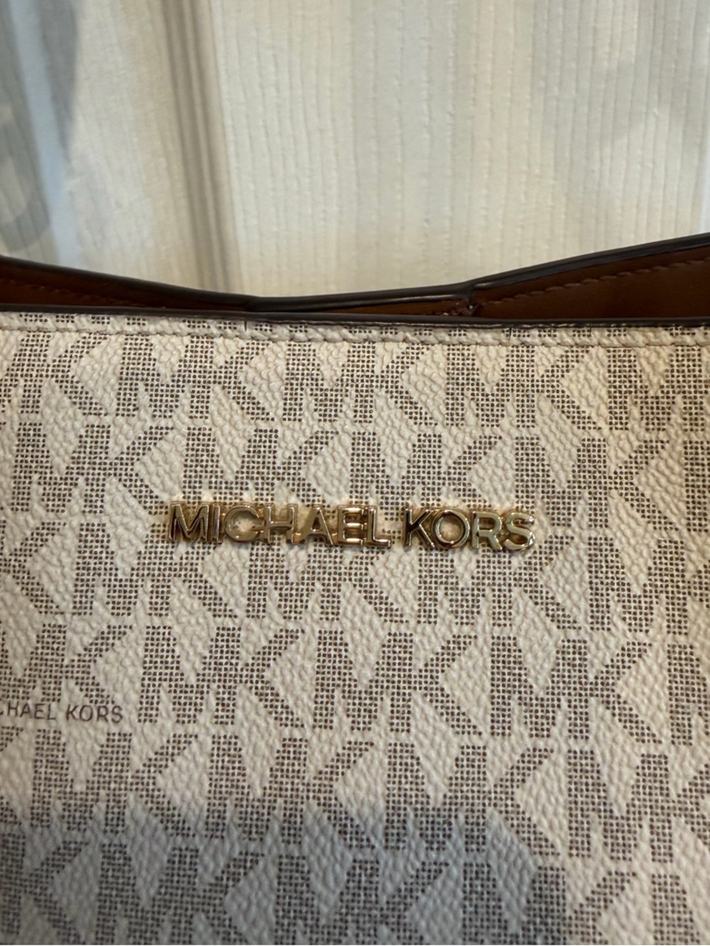 Michael Kors Trisha Cream Logo-Print Shoulder Tote with Brown Handles - Picture 5 of 10